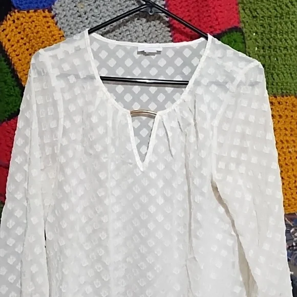 White Sheer fancy blouse long sleeve golden Accent Sz M Liz Claiborne - Picture 2 of 8